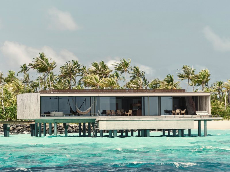 An overwater villa seen from the lagoon