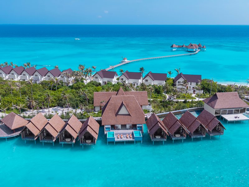 Overwater villas on the lagoon, from the air