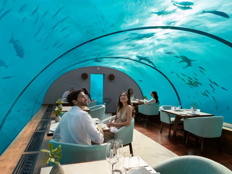Guests at dinner in an undersea restaurant, with fish beyond the glass