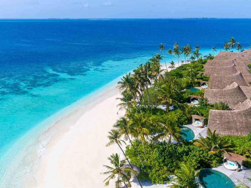Beach villas among the trees beside a white beach, from the air