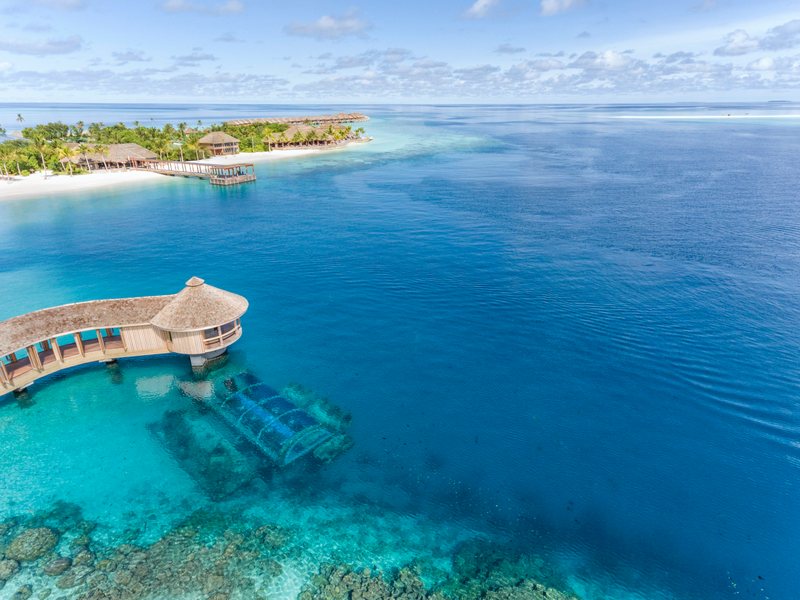 The undersea restaurant’s pavilion off the reef, from the air