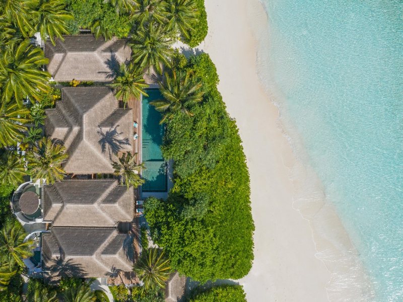 A beach pool residence among palms, from above