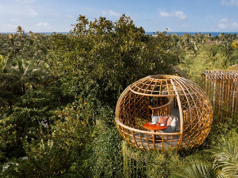 A woven bamboo dining nest in the treetops