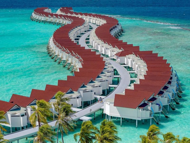 Rows of overwater villas, from the air