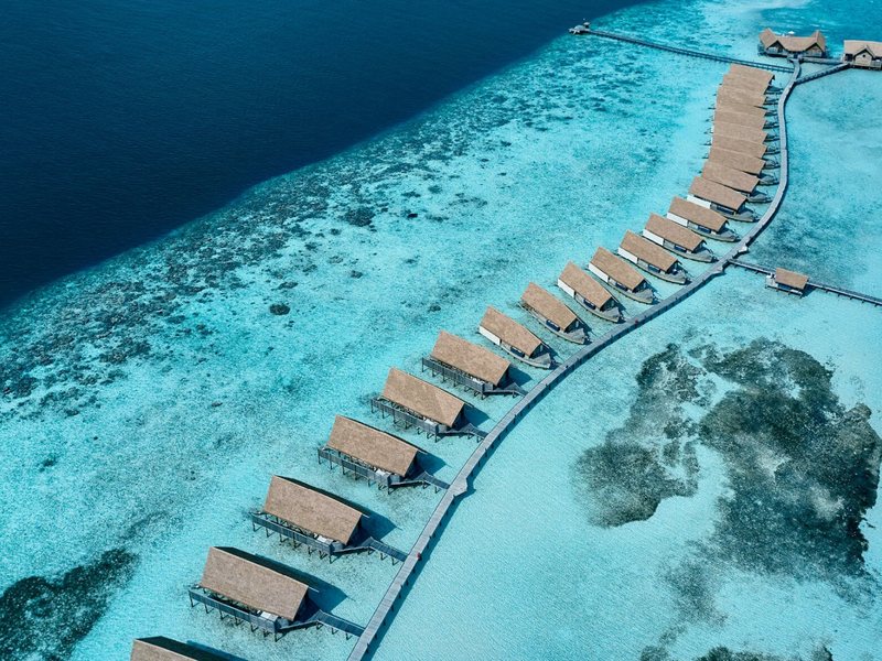 A curving row of thatched overwater villas along the reef, from the air